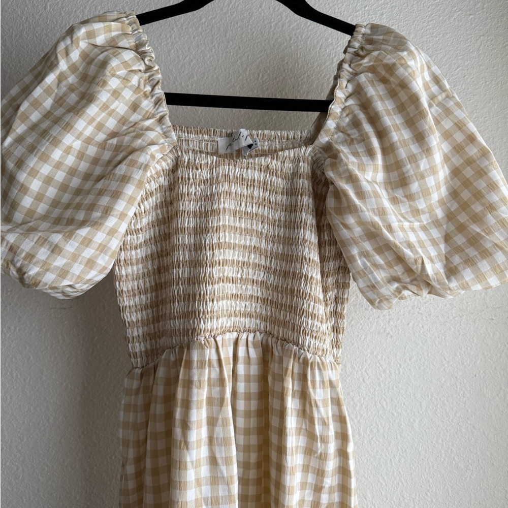 Petal & Pup Beige Gingham puffy sleeve Midi Dress - Picture 3 of 6